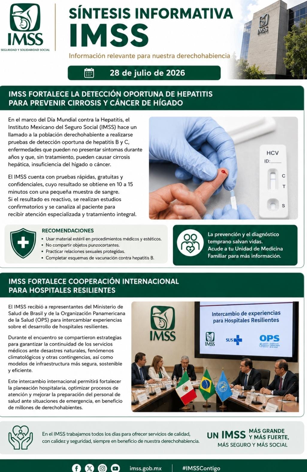 IMSS fortalece la detección oportuna de hepatitis para prevenir cirrosis y cáncer de hígado.